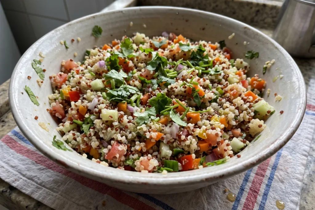 Salada de quinoa com legumes colorida, leve e nutritiva