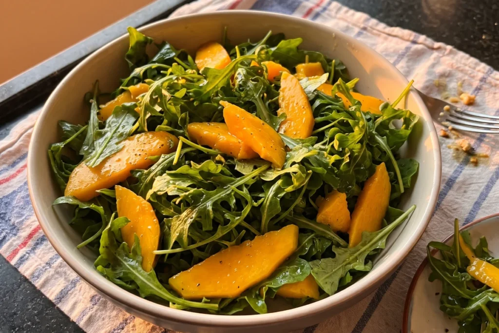 Salada de rúcula com manga em cubos, tomate-cereja, cebola roxa e molho de limão em uma travessa