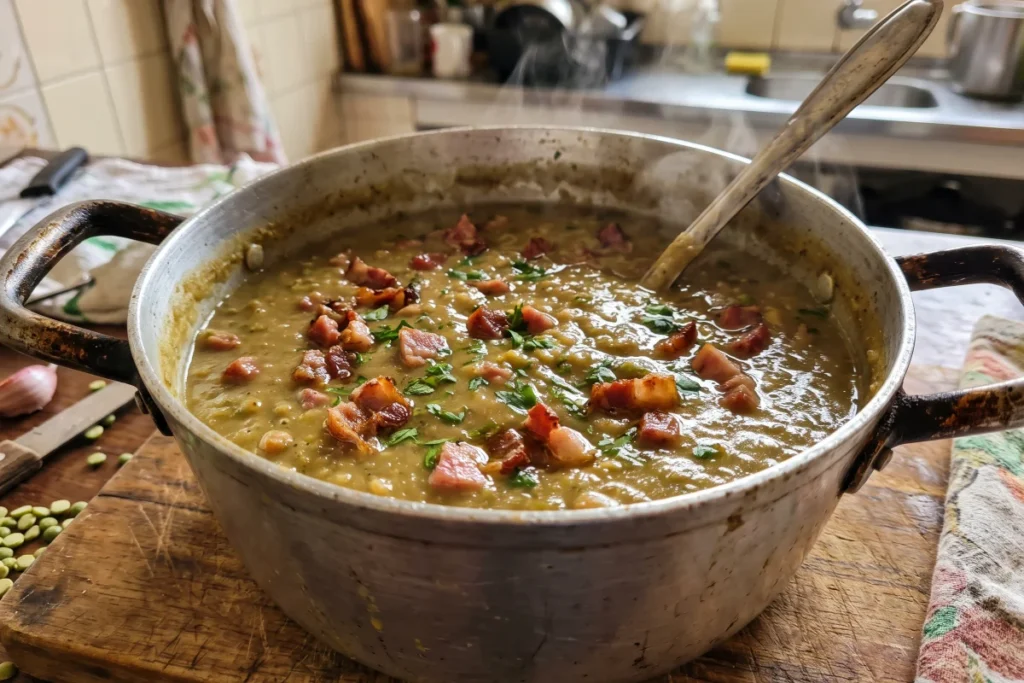 Sopa de ervilha com bacon cremosa, com pedaços dourados de bacon e cheiro-verde por cima.