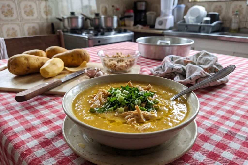 Sopa de mandioquinha com frango cremosa, com frango desfiado, cheiro-verde e caldo dourado servido em uma tigela.