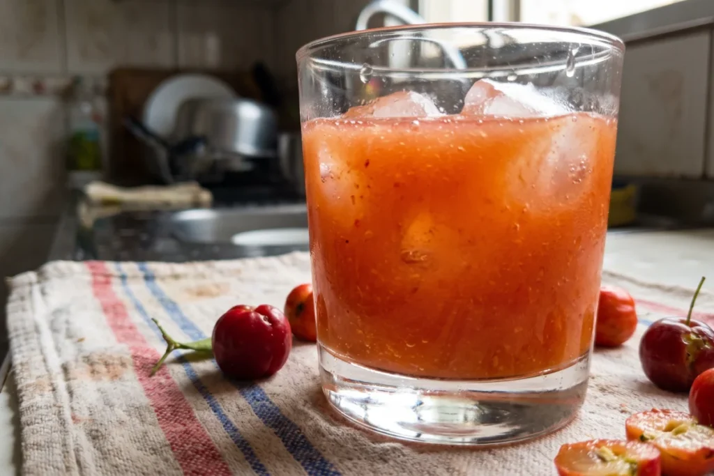 Suco de acerola natural servido em copo de vidro com gelo, acompanhado de acerolas frescas e maduras