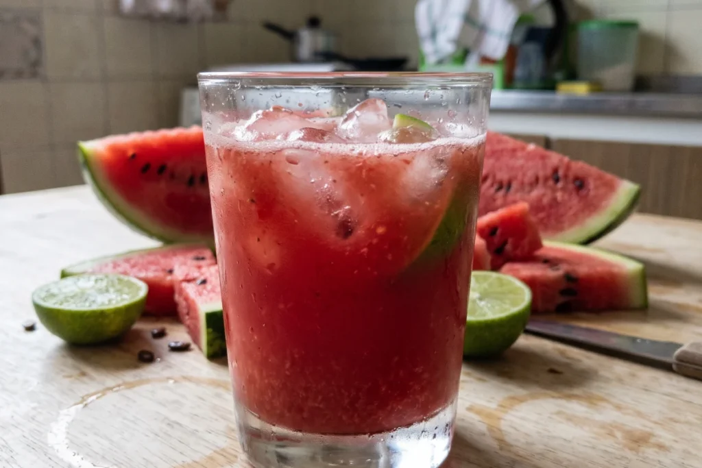 Suco de melancia com limão servido em copo de vidro com gelo, pedaços de melancia e limão fresco ao lado