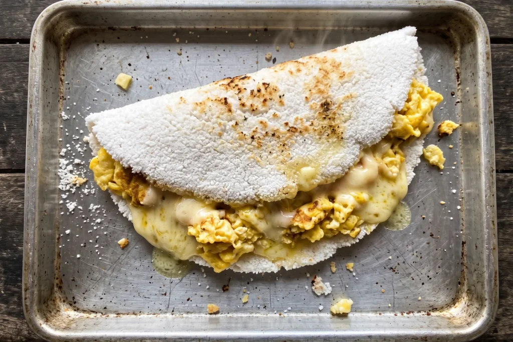Tapioca com ovo e queijo dourada na frigideira, com recheio cremoso e queijo derretido