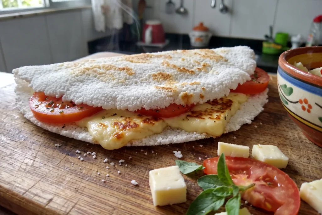 Tapioca recheada com queijo coalho e tomate, crocante por fora e macia por dentro