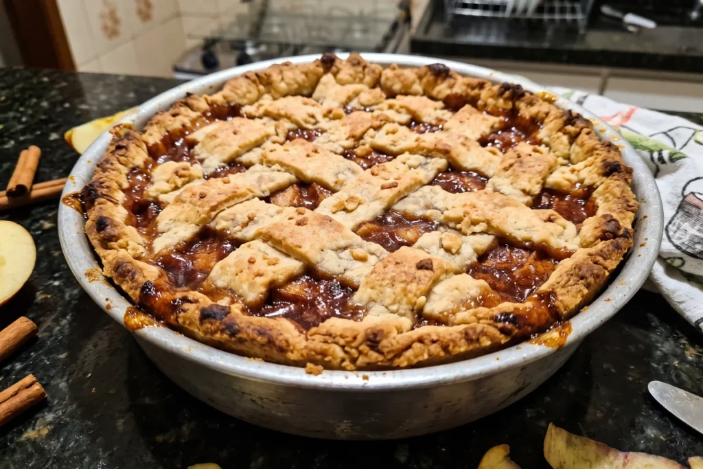 Torta de maçã caseira com massa dourada e crocante, recheio de maçãs com canela e uma fatia cortada no prato