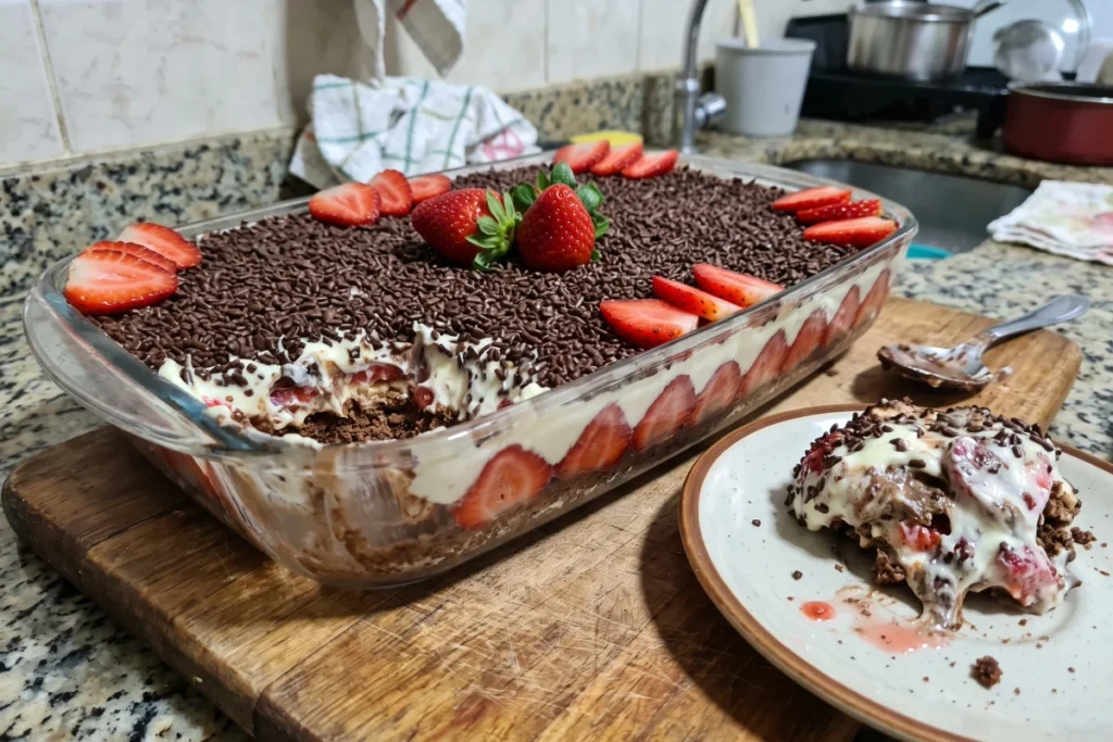 Travessa de morango com creme branco, morangos frescos e cobertura cremosa de chocolate ao leite