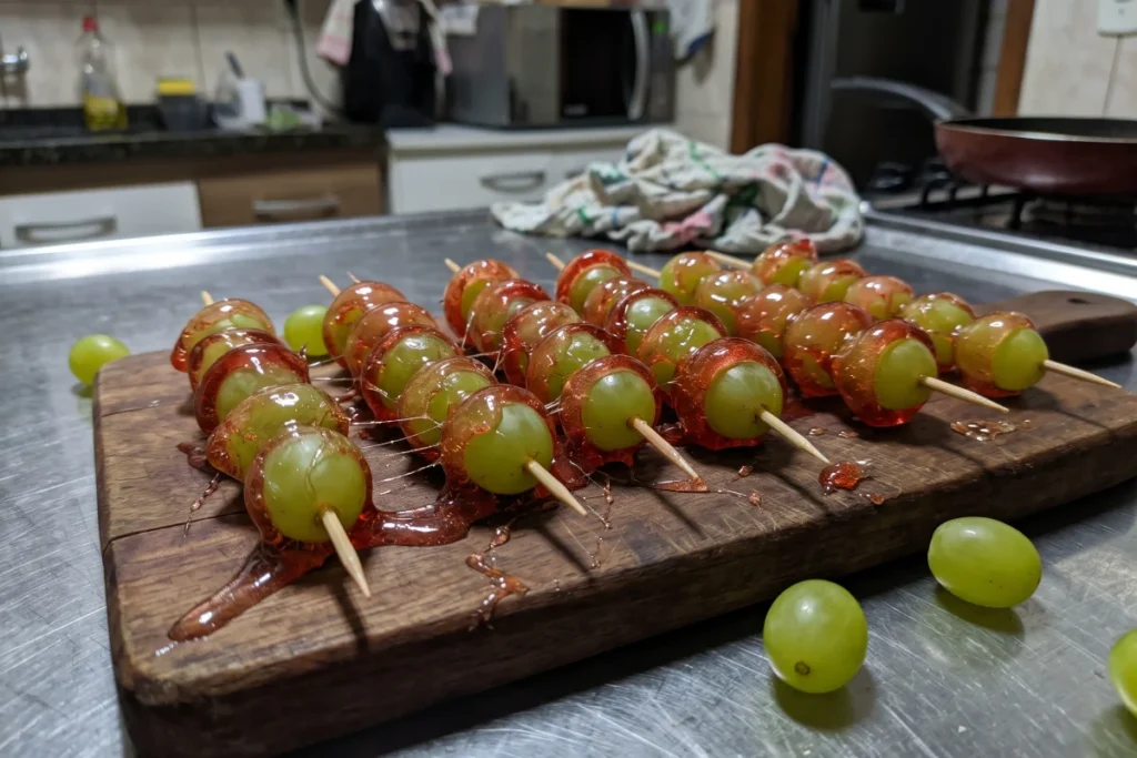 Uva do amor com uvas verdes cobertas por uma casquinha de açúcar vermelha, brilhante e crocante.