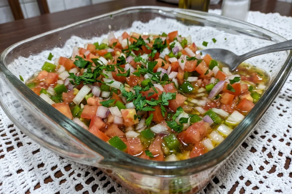 Vinagrete tradicional com tomate, cebola, pimentão, cheiro-verde e tempero de vinagre e azeite em uma tigela.