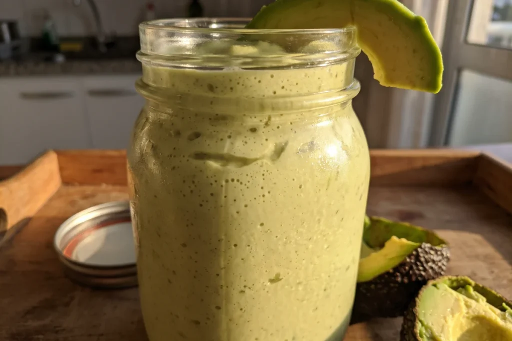 Vitamina de abacate com leite cremosa, servida gelada em um copo de vidro.