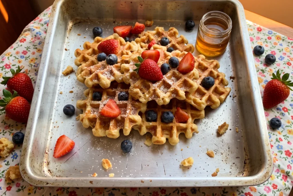 Waffle caseiro dourado e crocante por fora, macio por dentro, servido com mel e frutas frescas no café da manhã.
